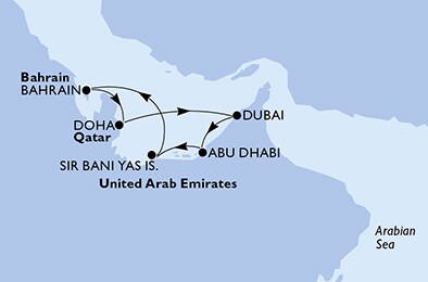 Doha,Dubai,Dubai,Abu Dhabi,Sir Bani Yas,Bahrain,Doha