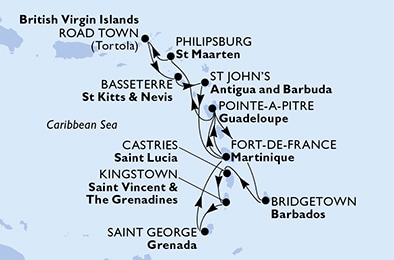 Antigua-et-Barbuda - Barbade - Grenade - Guadeloupe - Saint-Christophe-et-Niévès - Sainte-Lucie - Martinique - Saint-Martin (Royaume des Pays-Bas) - Saint-Vincent-et-les Grenadines - Îles Vierges britanniques - MSC VIRTUOSA - Antilles - CROISIÈRE AU DÉPART DE FORTDEFRANCE(MARTINIQUE)