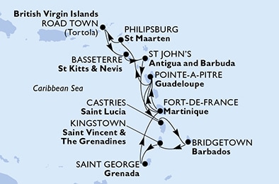 Antigua-et-Barbuda - Barbade - Grenade - Guadeloupe - Saint-Christophe-et-Niévès - Sainte-Lucie - Martinique - Saint-Martin (Royaume des Pays-Bas) - Saint-Vincent-et-les Grenadines - Îles Vierges britanniques - MSC VIRTUOSA - Antilles - CROISIÈRE AU DÉPART DE FORTDEFRANCE(MARTINIQUE)