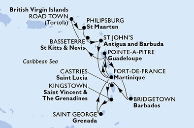 Antigua-et-Barbuda - Barbade - Grenade - Guadeloupe - Saint-Christophe-et-Niévès - Sainte-Lucie - Martinique - Saint-Martin (Royaume des Pays-Bas) - Saint-Vincent-et-les Grenadines - Îles Vierges britanniques - MSC VIRTUOSA - Antilles - CROISIÈRE AU DÉPART DE FORTDEFRANCE(MARTINIQUE)