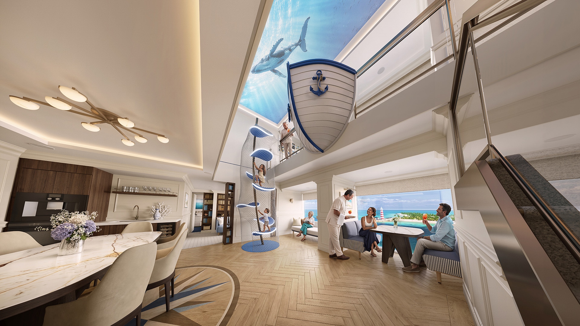 Official MSC Cruises rendering of the Grand Hamptons Villa’s double-height living area aboard MSC World Atlantic
